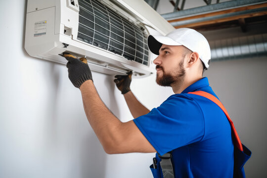 HVAC technician installing a mini split air conditioner in North Salt Lake
