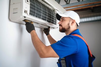360_F_621046421_Vcay4nYa8ozdeodOQVDfES6MRrC6N3b8 Air conditioning technician servicing a wall-mounted AC unit in North Salt Lake, UT